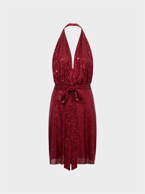 Önü Dekolteli Boyundan Askılı Payetli Kısa Elbise - Bordo