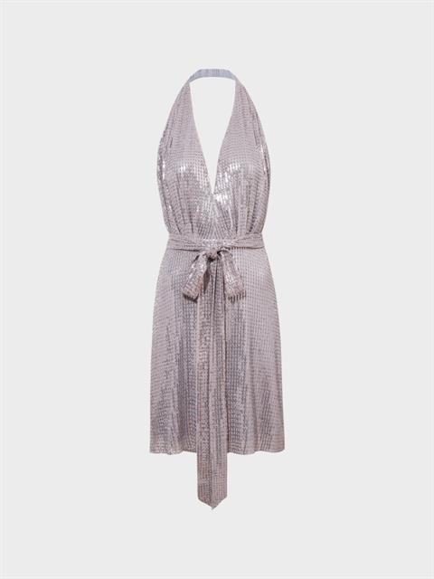 Önü Dekolteli Boyundan Askılı Payetli Kısa Elbise - Gri