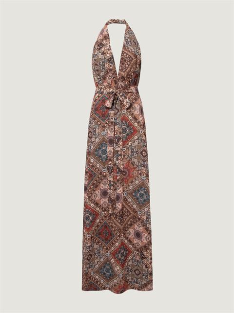 Önü Dekolteli Boyundan Askılı Uzun Elbise - Bohemian Desenli