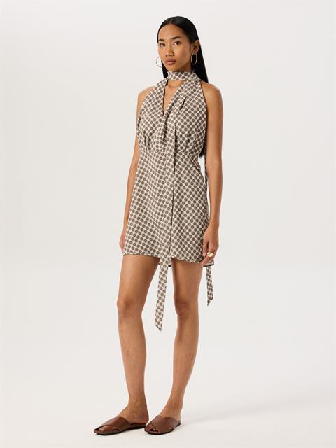 Önü Derin Dekolteli Sırtı Açık Mini Elbise - Desenli