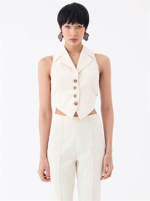 Önü Düğmeli Bel Dekolteli Arkadan Bağlama Detaylı Yelek - Ekru