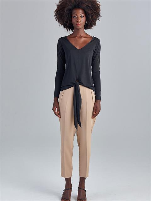 Önü Korsajlı Arkası Lastikli Pantolon - Bej