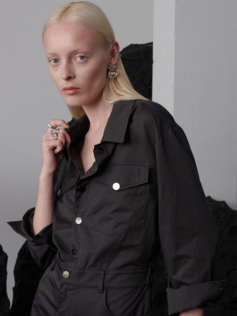 Önü Metal Çıtçıtlı Uzun Kollu Kanvas Tulum - Antrasit