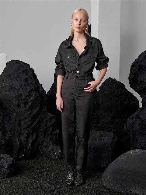 Önü Metal Çıtçıtlı Uzun Kollu Kanvas Tulum - Antrasit