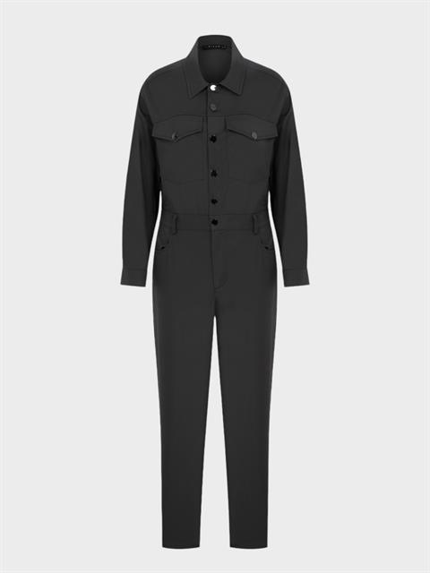 Önü Metal Çıtçıtlı Uzun Kollu Kanvas Tulum - Antrasit