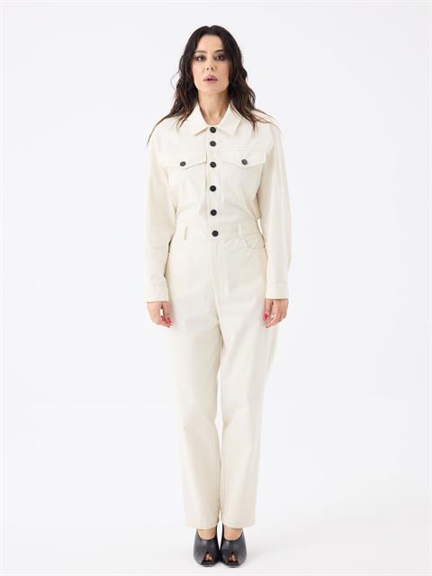 Önü Metal Çıtçıtlı Uzun Kollu Tulum - Ekru