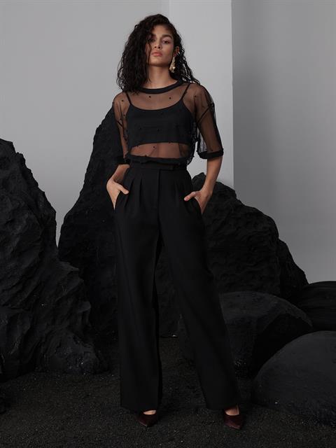 Oversize İncili Tül Şık T-Shirt - Siyah