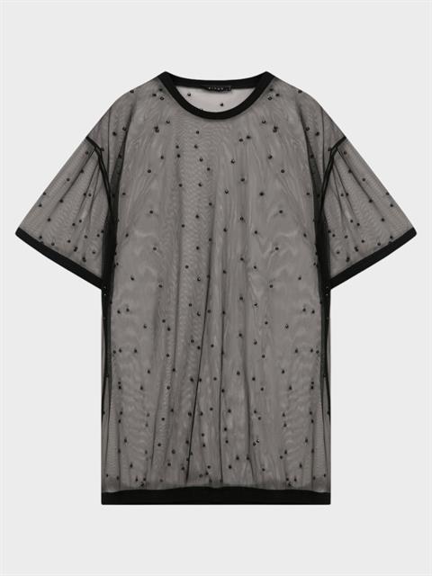 Oversize İncili Tül Şık T-Shirt - Siyah