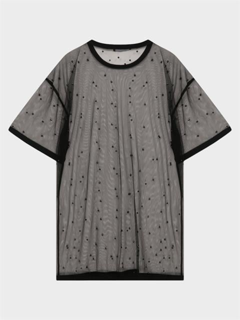 Oversize İncili Tül Şık T-Shirt - Siyah