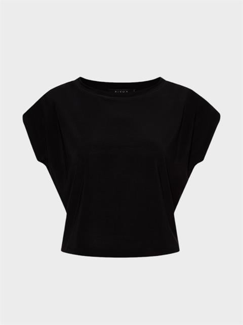 Oversize Kesim Vatkalı Dökümlü Bisiklet Yaka T-Shirt - Siyah