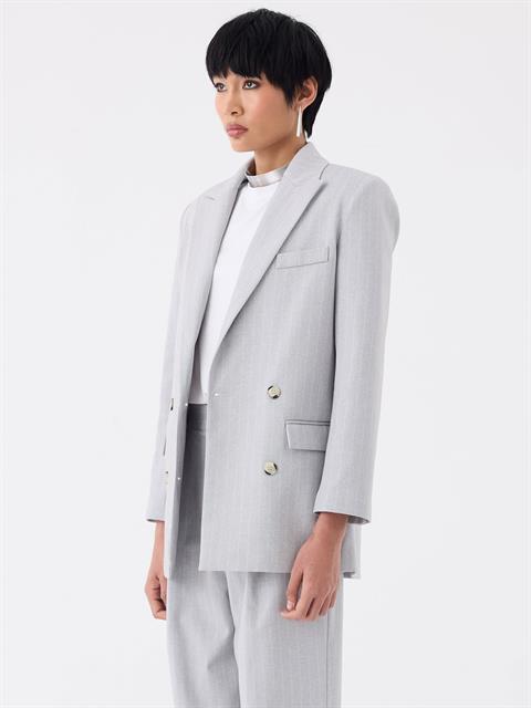 Oversize Kruvaze Kesim Ceket - Gri Çizgili