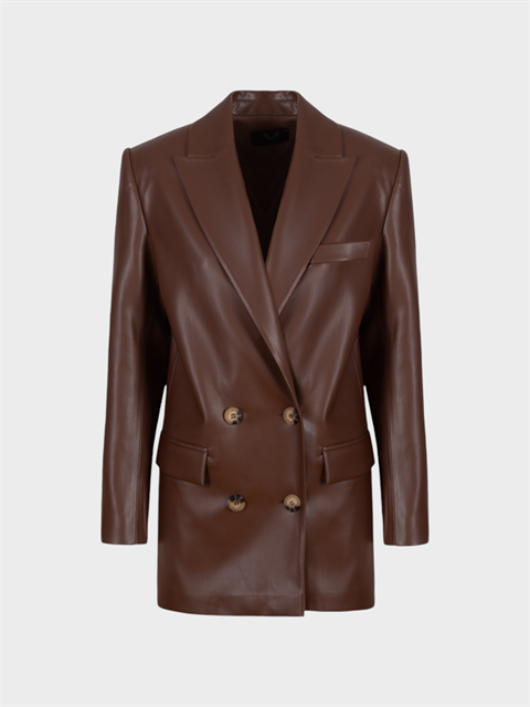 Oversize Kruvaze  Kesim Deri Ceket - Kahve