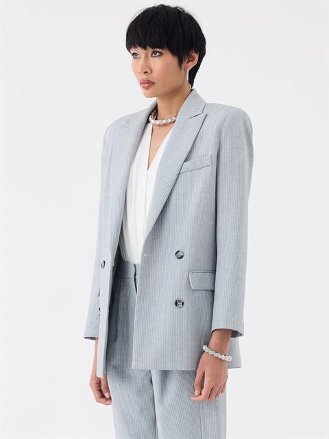 Oversize Kruvaze  Kesim İnce Çizgili Ceket - Gri