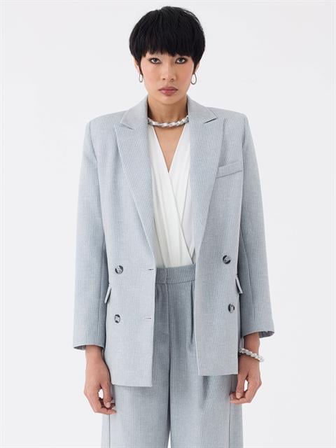 Oversize Kruvaze  Kesim İnce Çizgili Ceket - Gri