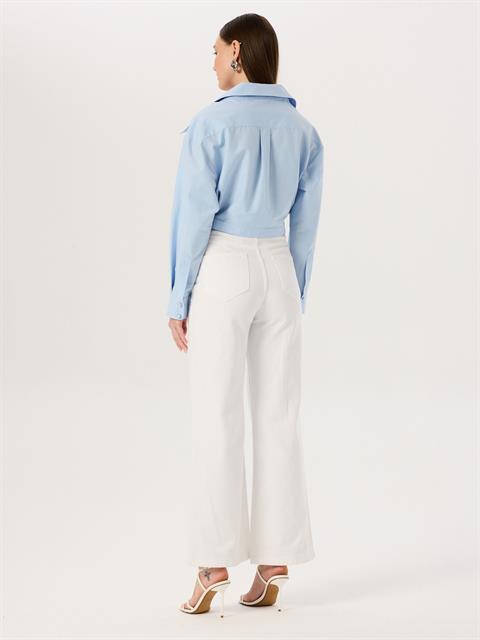 Paçaları Yırtmaçlı Yüksek Bel Wide Leg Jean - Beyaz
