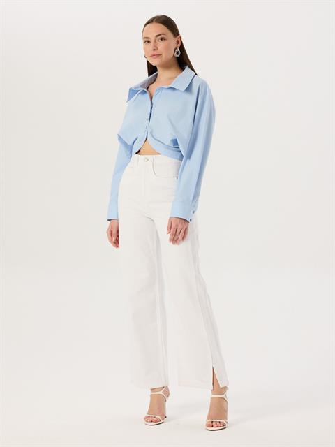 Paçaları Yırtmaçlı Yüksek Bel Wide Leg Jean - Beyaz