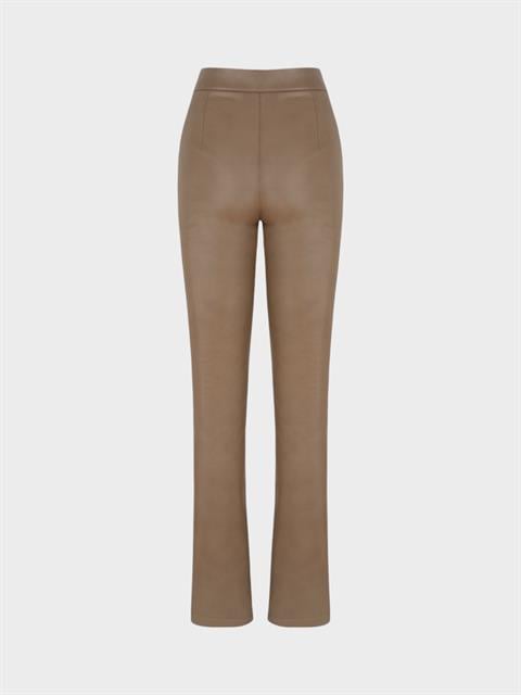 Paçası Yırtmaç Detaylı Vegan Deri Pantolon - Camel