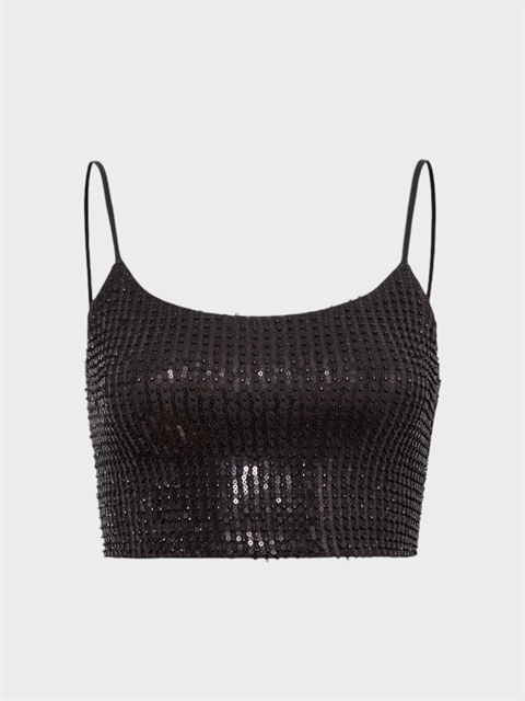 İnce Askılı Payetli Crop Bluz - Siyah