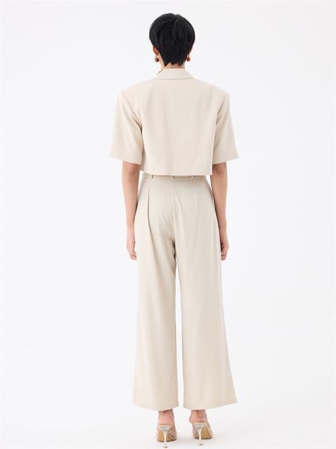 Pile Detaylı Tasarım Pantolon - Bej