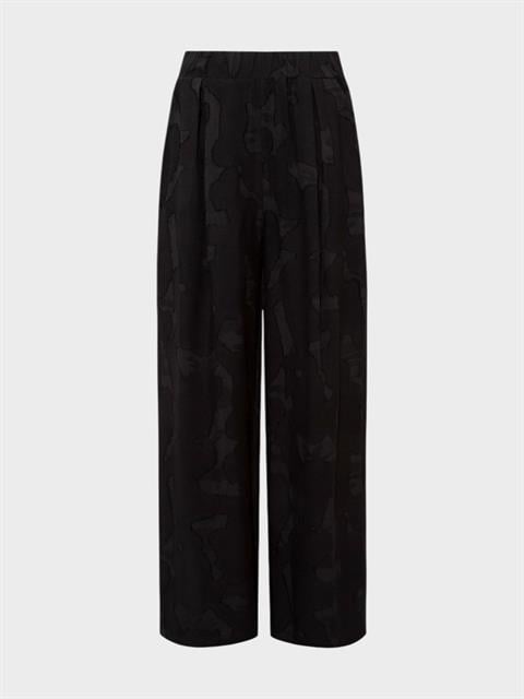 Jakarlı Pile Detaylı Geniş Paça Pantolon - Siyah