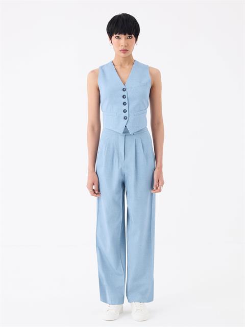 Pileli Bol Geniş Paça Pantolon - Mavi