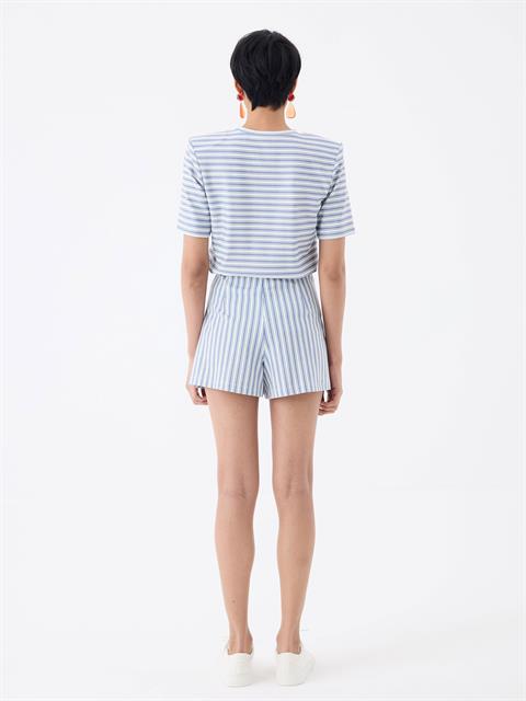 Pileli Şort Etek - Mavi Çizgili