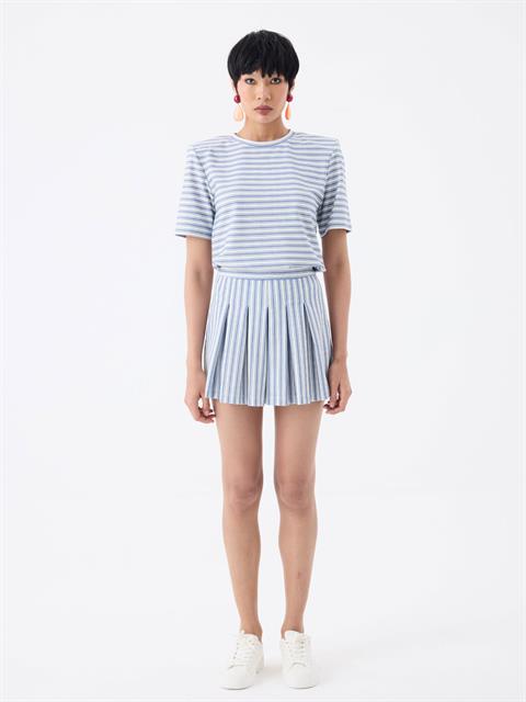 Pileli Şort Etek - Mavi Çizgili