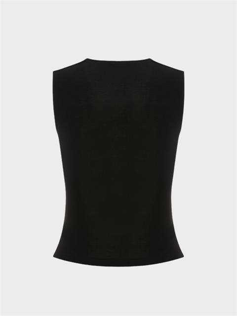 Pileli Yuvarlak Yakalı Sıfır Kollu Bluz - Siyah