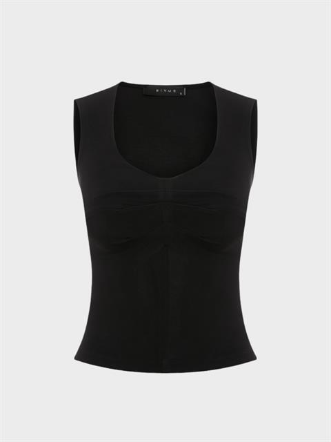 Pileli Yuvarlak Yakalı Sıfır Kollu Bluz - Siyah