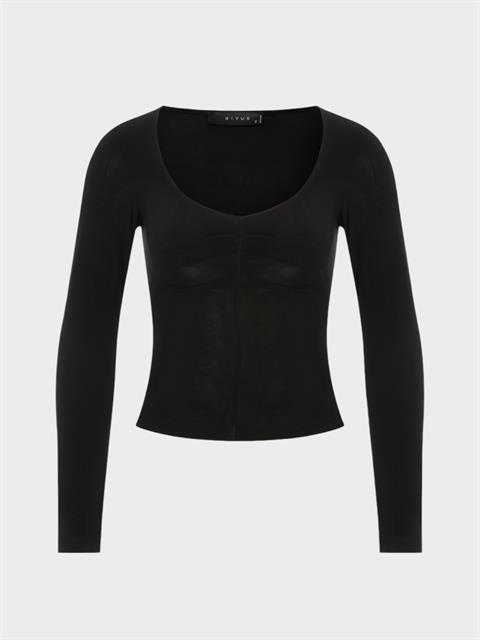 Pileli Yuvarlak Yakalı Uzun Kollu Bluz - Siyah