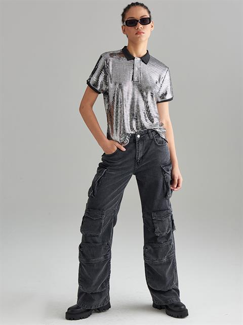 Polo Yaka Pullu T-Shirt - Silver