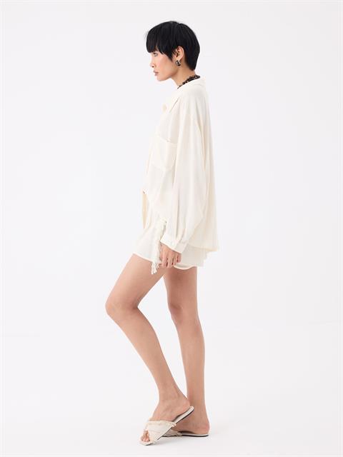 Püskül Detaylı Mini Şort - Ekru