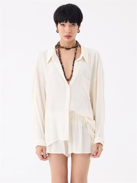 Salaş Kesim Cep Detaylı Uzun Gömlek - Ekru