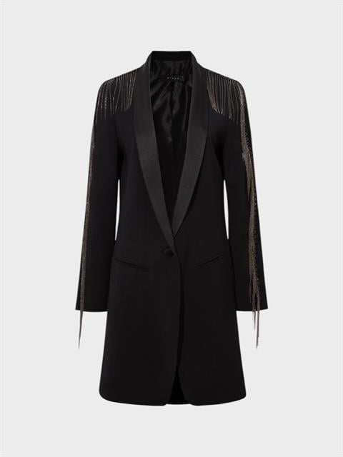 Saten Yakalı Antrasit Metal Şerit Detaylı Ceket - Siyah