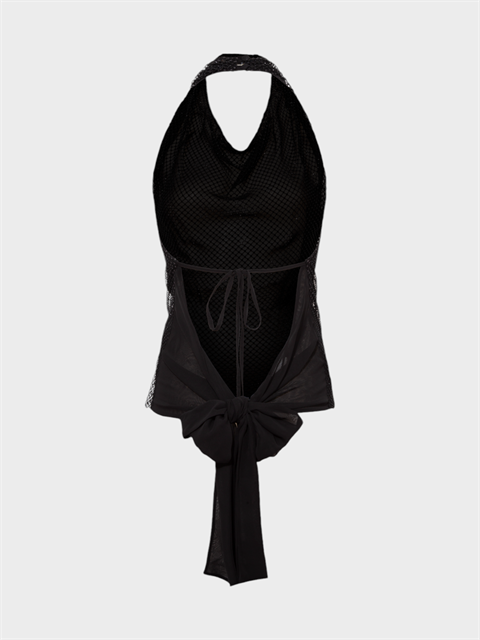 Sırtı Dekolteli Arkadan Bağlama Detaylı Taşlı Şık Bluz - Siyah