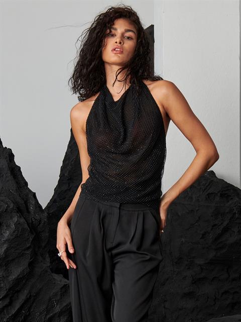 Sırtı Dekolteli Arkadan Bağlama Detaylı Taşlı Şık Bluz - Siyah