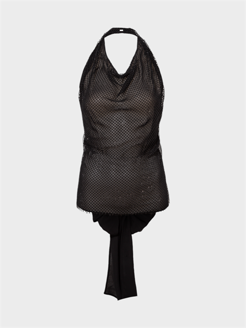 Sırtı Dekolteli Arkadan Bağlama Detaylı Taşlı Şık Bluz - Siyah