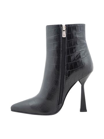 Low Heel Black Croc Leather Boots - Black