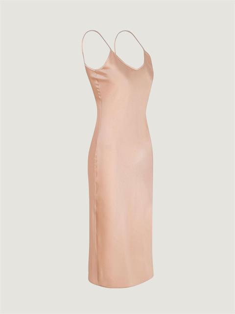 Spagetti Askılı Saten Midi Elbise - Bej