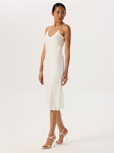 Spagetti Askılı Saten Midi Elbise - Ekru