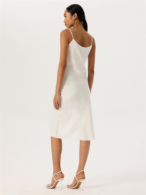 Spagetti Askılı Saten Midi Elbise - Ekru