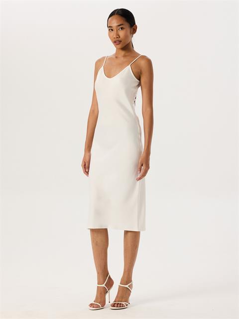 Spagetti Askılı Saten Midi Elbise - Ekru