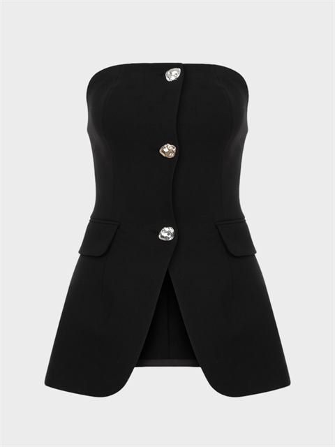 Straplez Kesim Önü Süs Düğmeli Büstiyer - Siyah