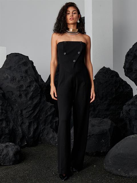 Straplez Yakalı Önü Kruvaze Düğmeli Maxi Boy Şık Tulum - Siyah