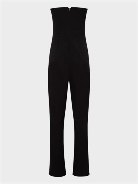 Straplez Yakalı Önü Kruvaze Düğmeli Maxi Boy Şık Tulum - Siyah