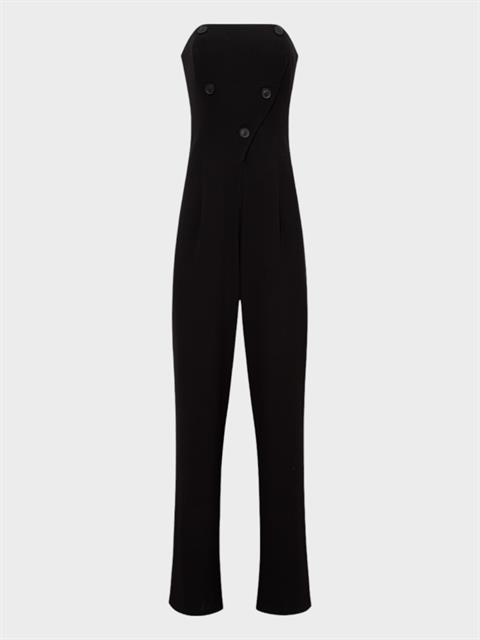 Straplez Yakalı Önü Kruvaze Düğmeli Maxi Boy Şık Tulum - Siyah