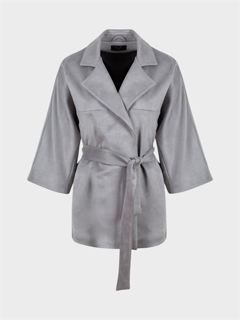 Süet Kuşaklı Kimono - Gri