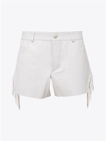 Swarovski Detaylı Mini Deri Şort - Beyaz