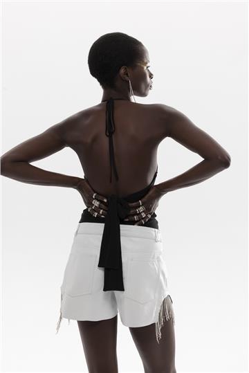 Swarovski Detaylı Mini Deri Şort - Beyaz