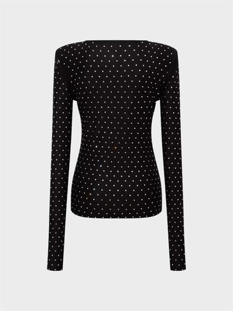 Taş Baskılı Bisiklet Yaka Bluz - Siyah